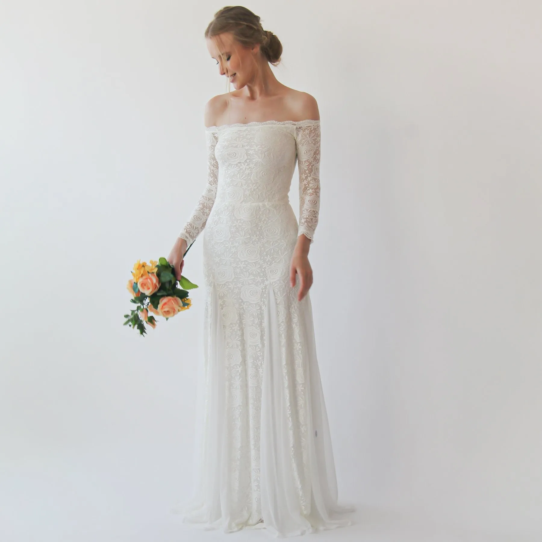 Ivory Off Shoulder Wedding Maxi Dress #1228
