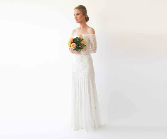 Ivory Off Shoulder Wedding Maxi Dress #1228