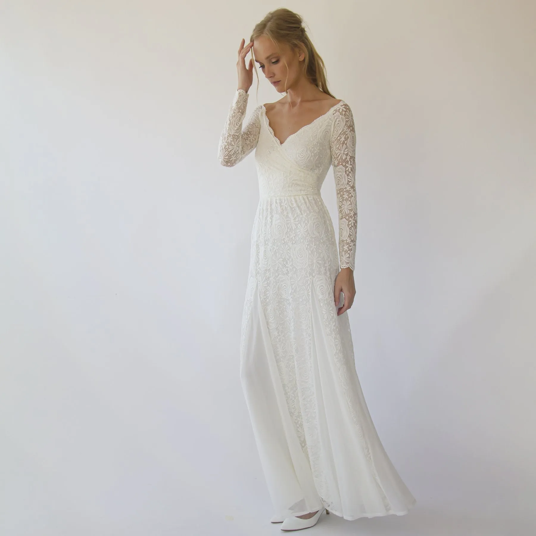 Ivory Off Shoulder wrap Long Sleeves ,Mermaid wedding dress #1280