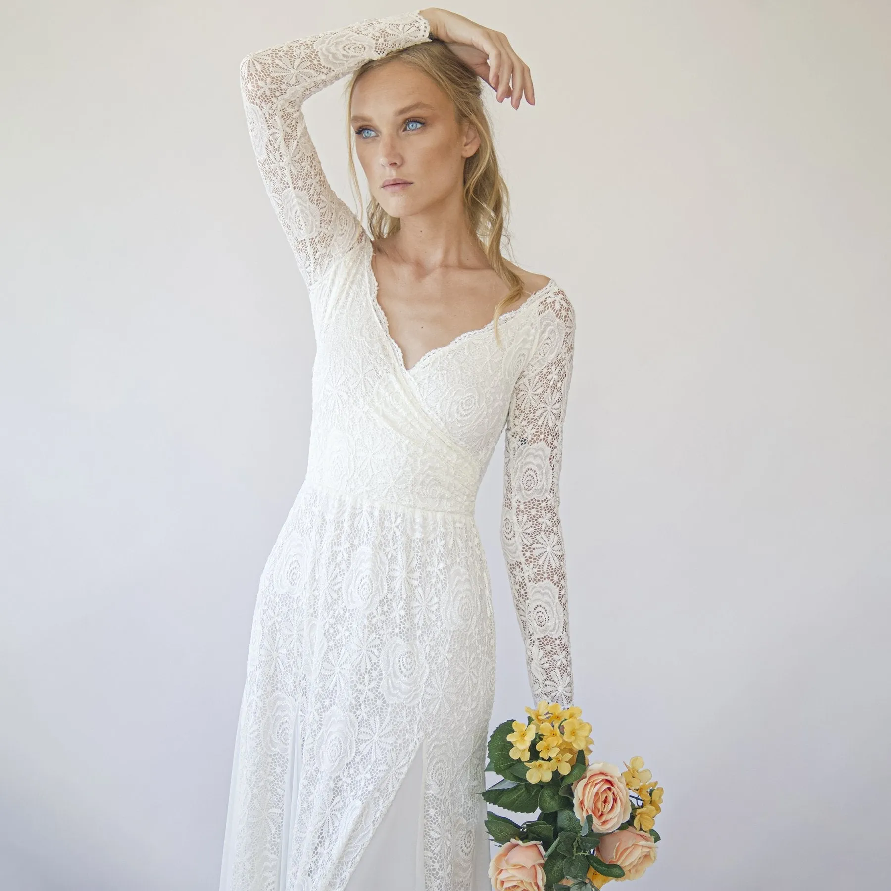 Ivory Off Shoulder wrap Long Sleeves ,Mermaid wedding dress #1280