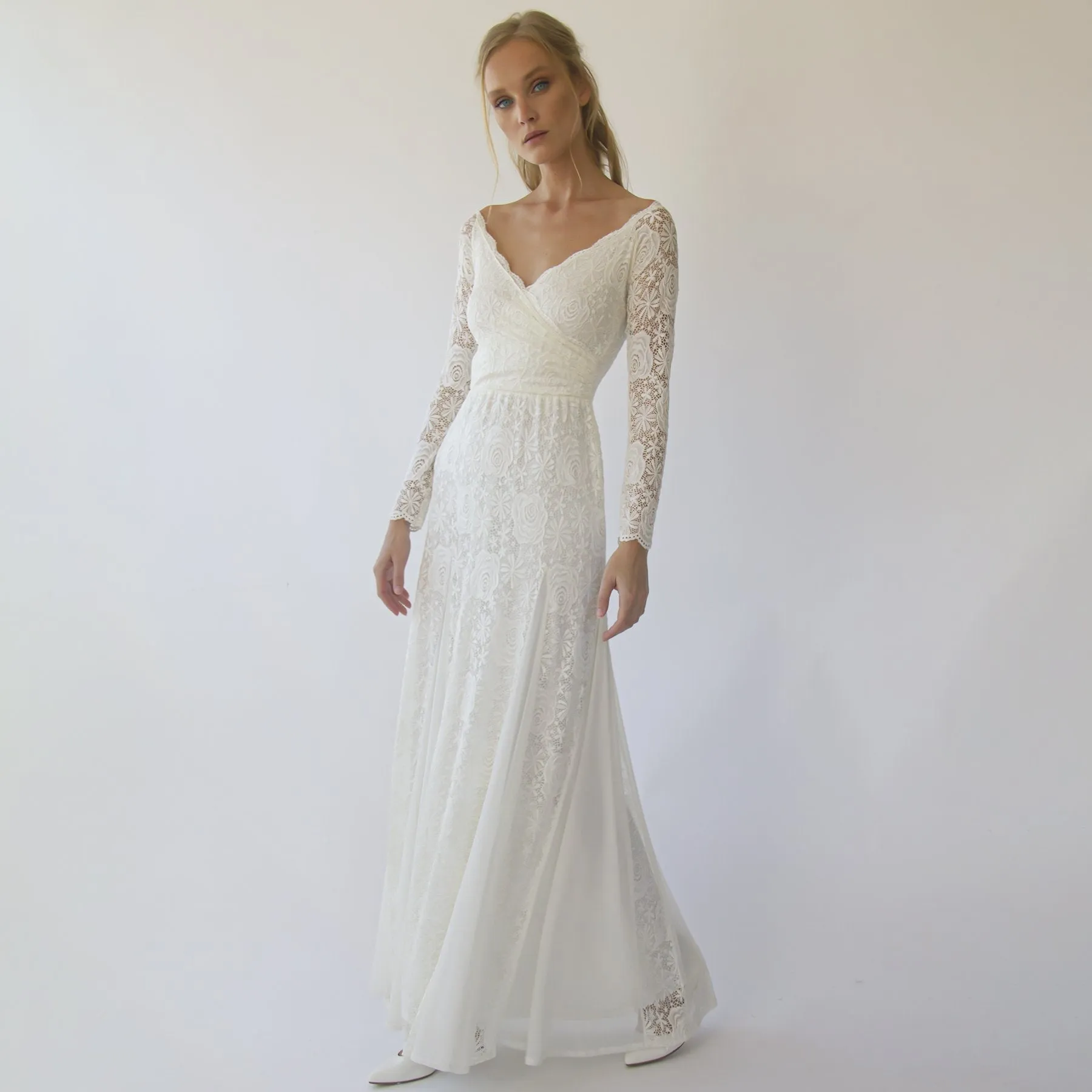 Ivory Off Shoulder wrap Long Sleeves ,Mermaid wedding dress #1280