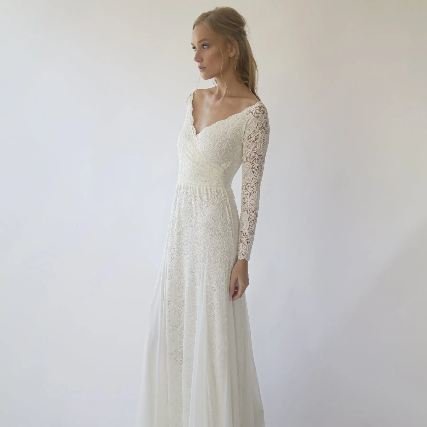 Ivory Off Shoulder wrap Long Sleeves ,Mermaid wedding dress #1280