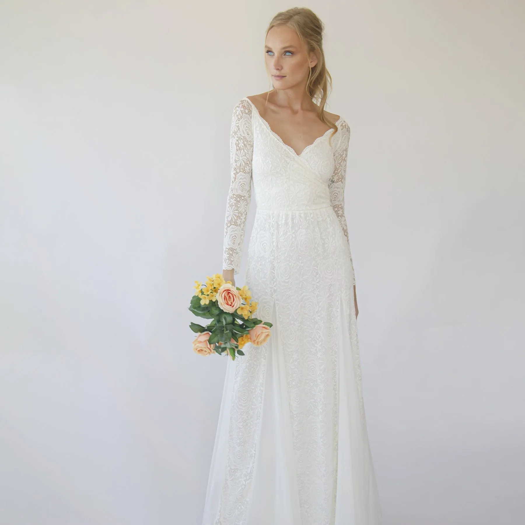 Ivory Off Shoulder wrap Long Sleeves ,Mermaid wedding dress #1280
