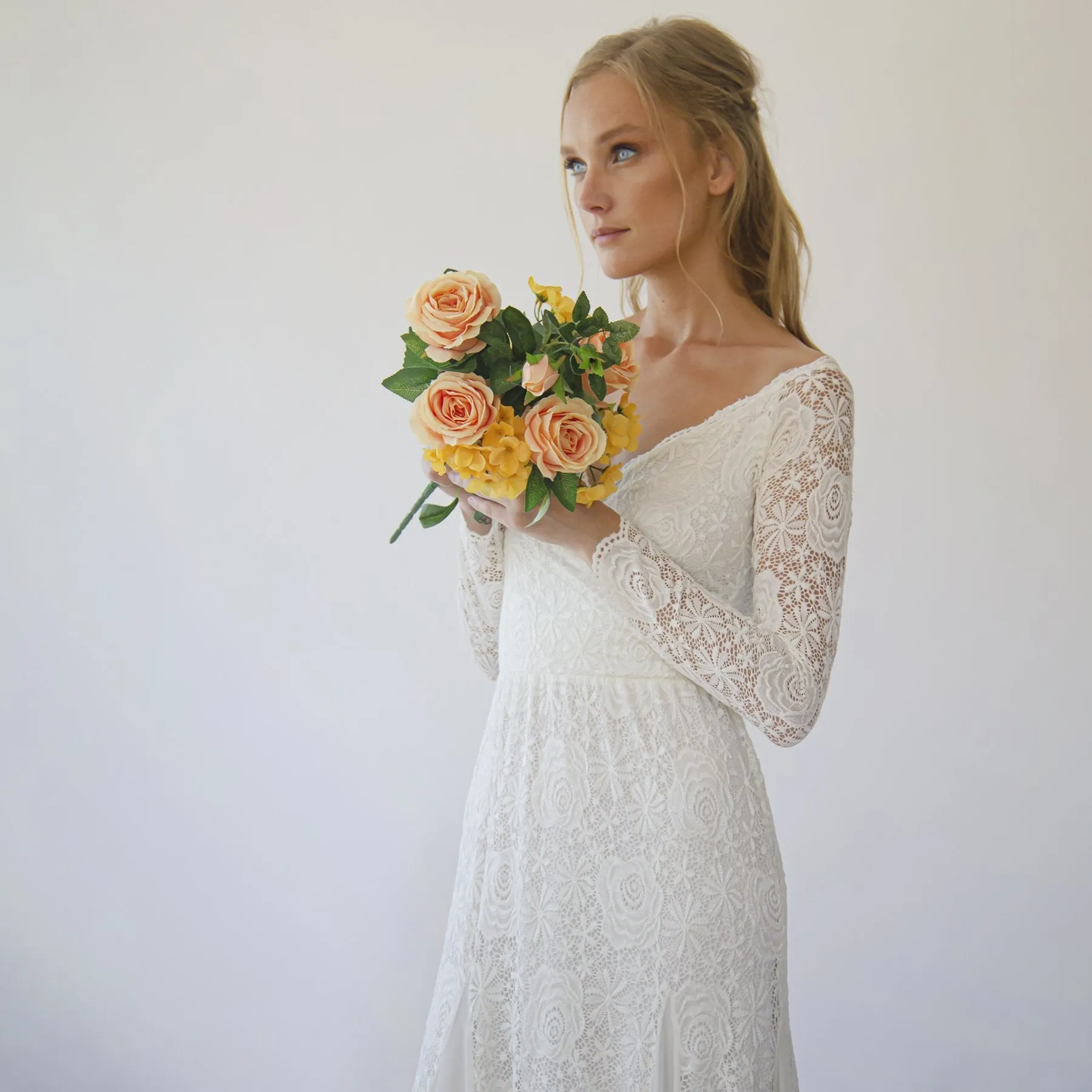 Ivory Off Shoulder wrap Long Sleeves ,Mermaid wedding dress #1280