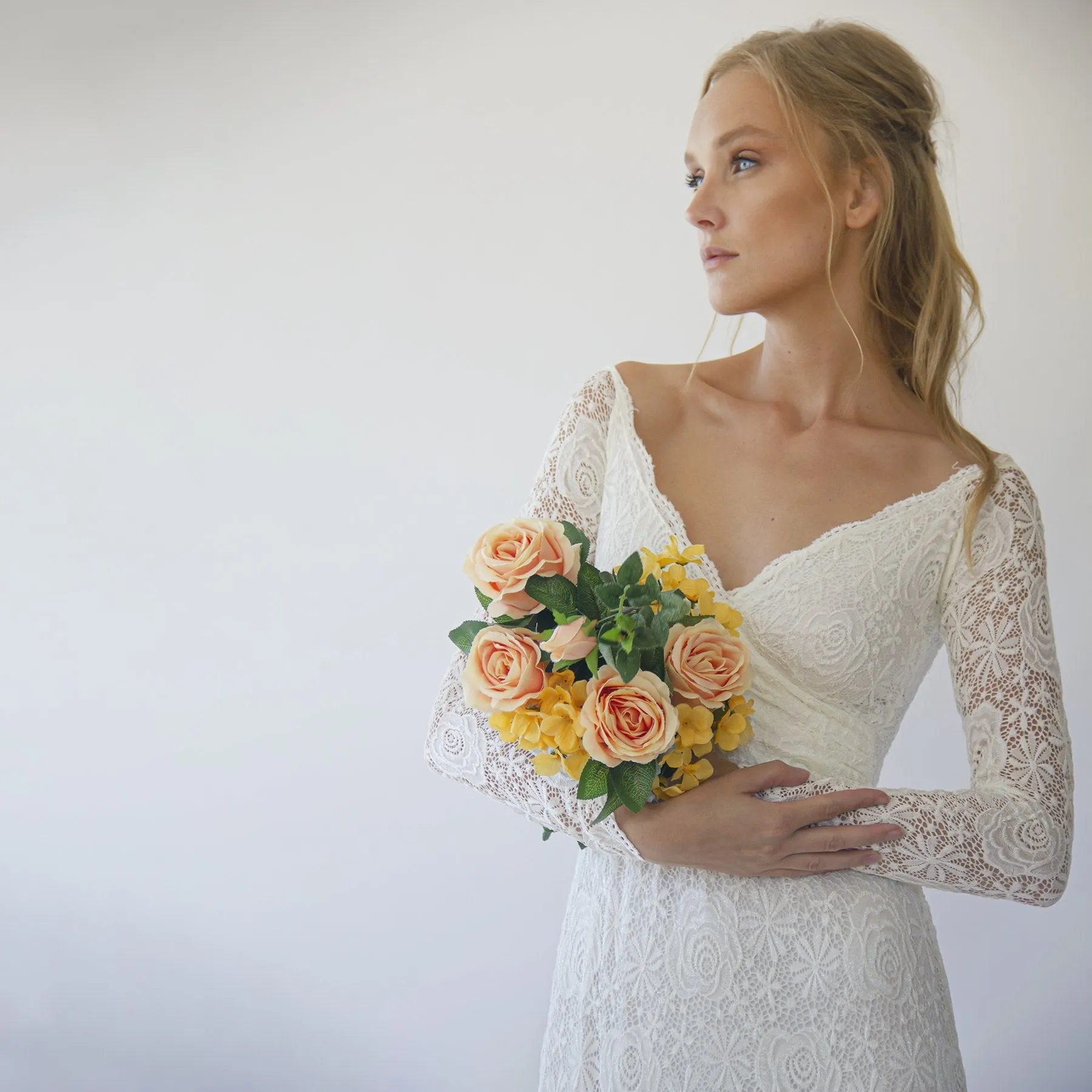 Ivory Off Shoulder wrap Long Sleeves ,Mermaid wedding dress #1280