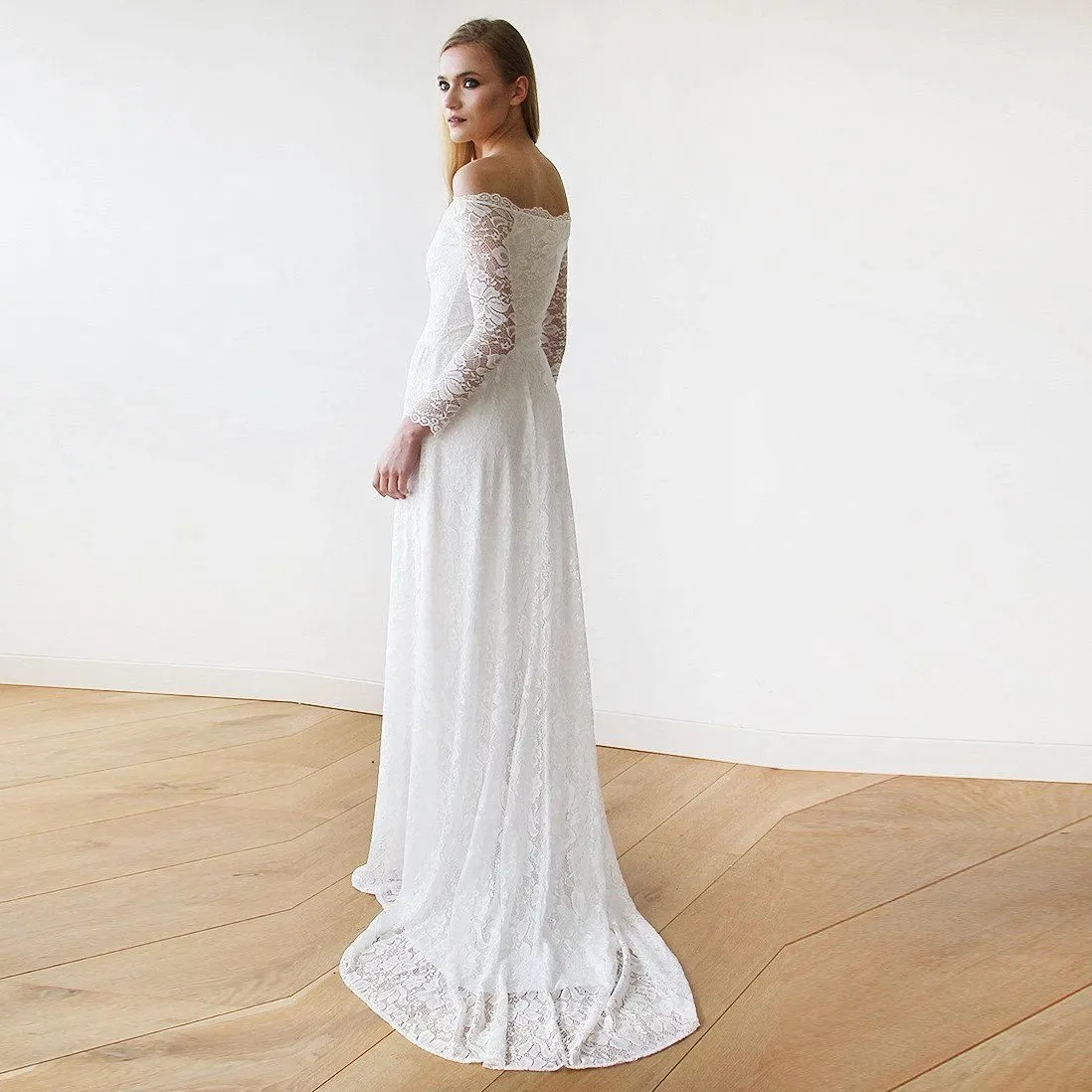 Ivory Off-The-Shoulder  Train Dress  #1148