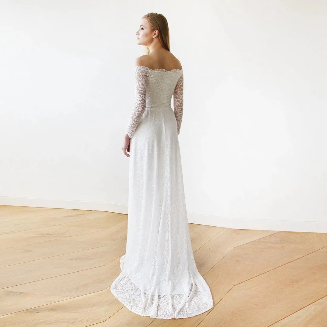 Ivory Off-The-Shoulder  Train Dress  #1148