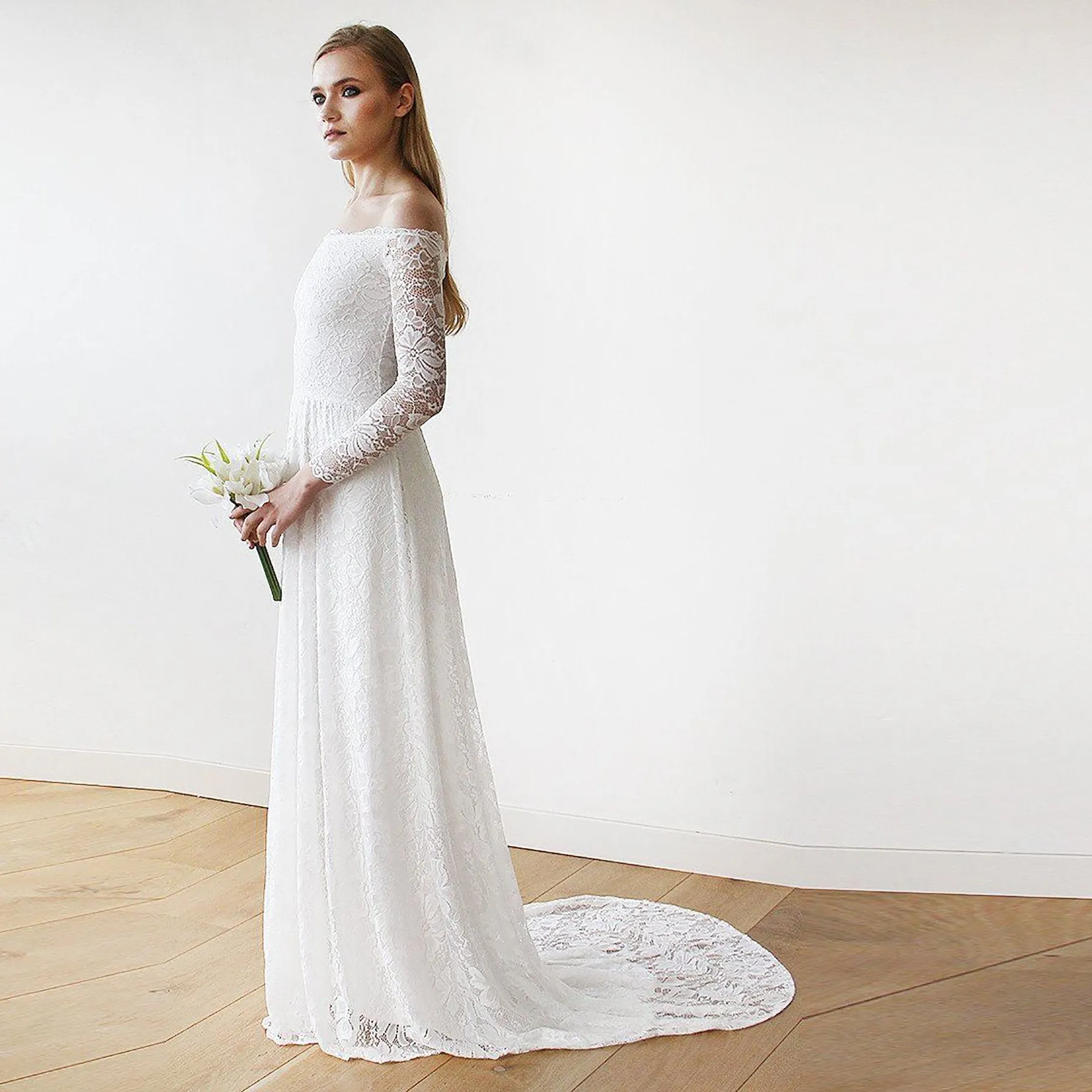 Ivory Off-The-Shoulder  Train Dress  #1148