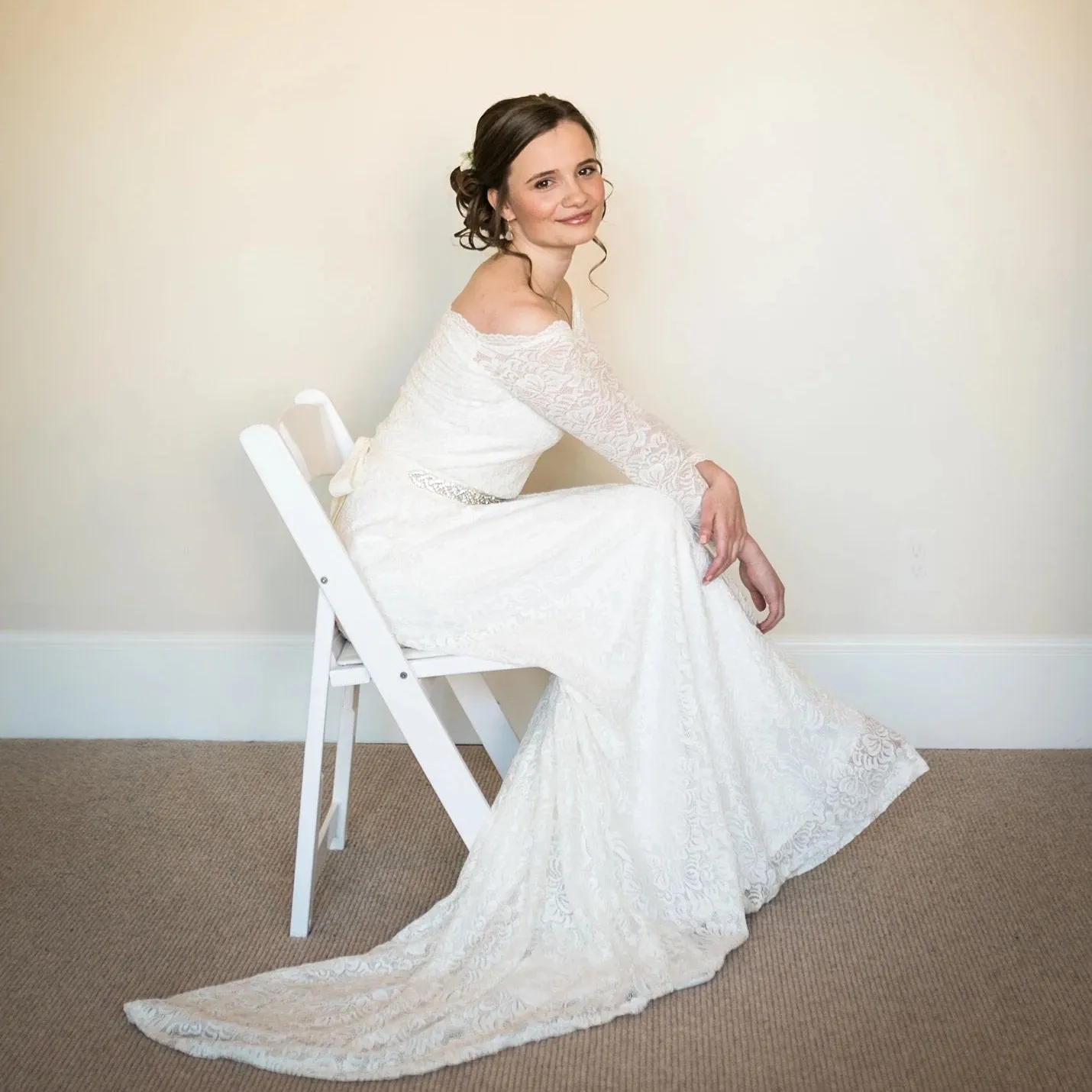Ivory Off-The-Shoulder  Train Dress  #1148