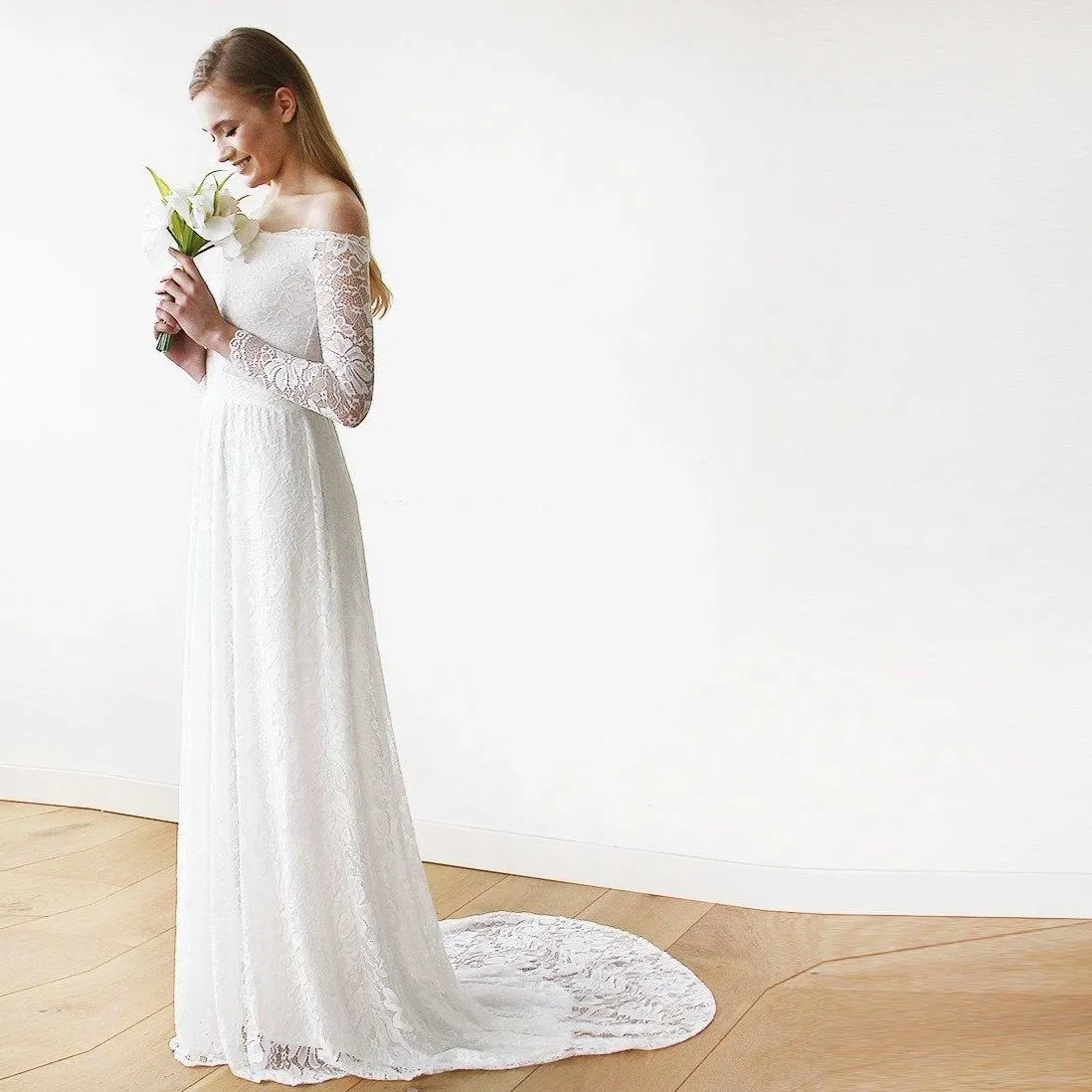 Ivory Off-The-Shoulder  Train Dress  #1148