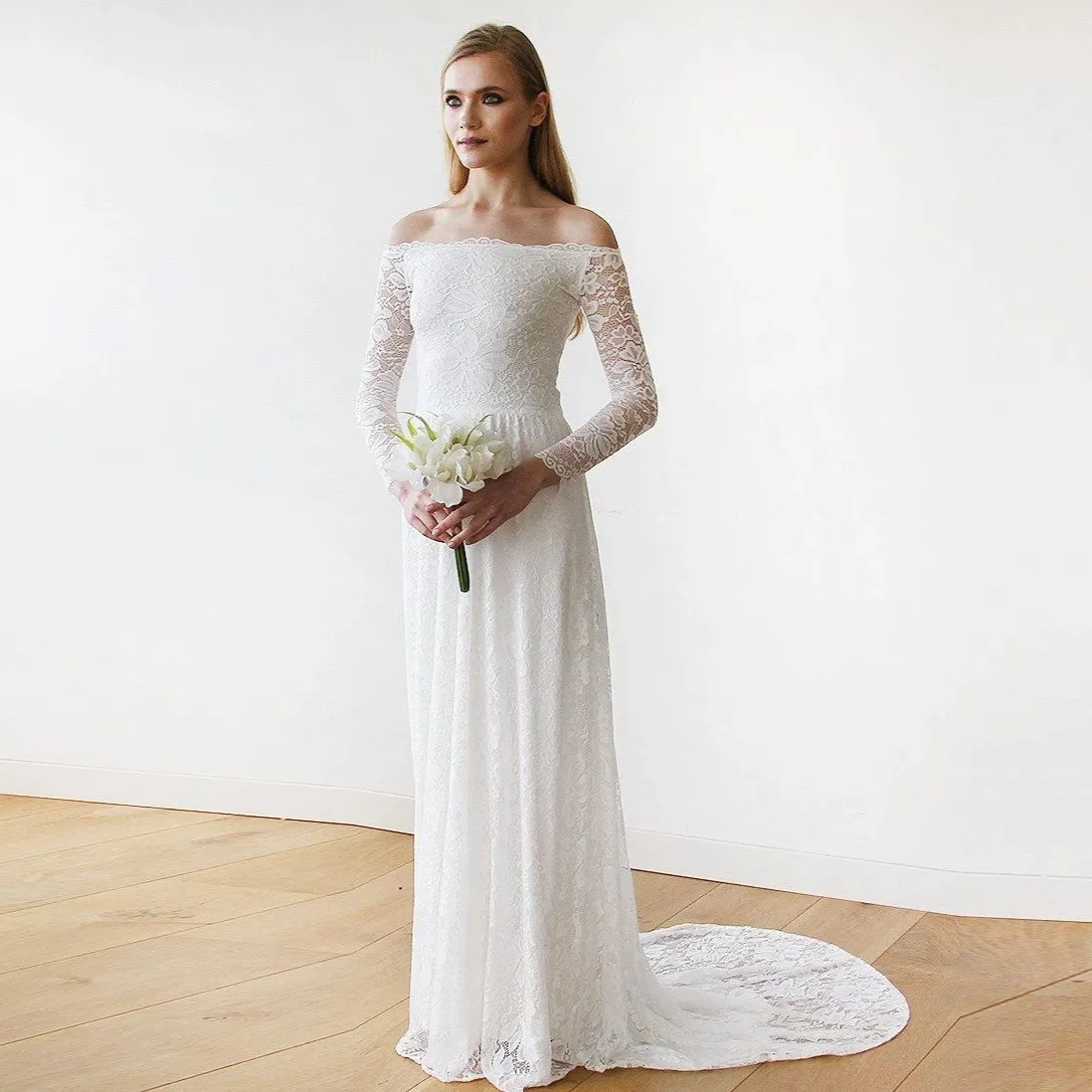 Ivory Off-The-Shoulder  Train Dress  #1148