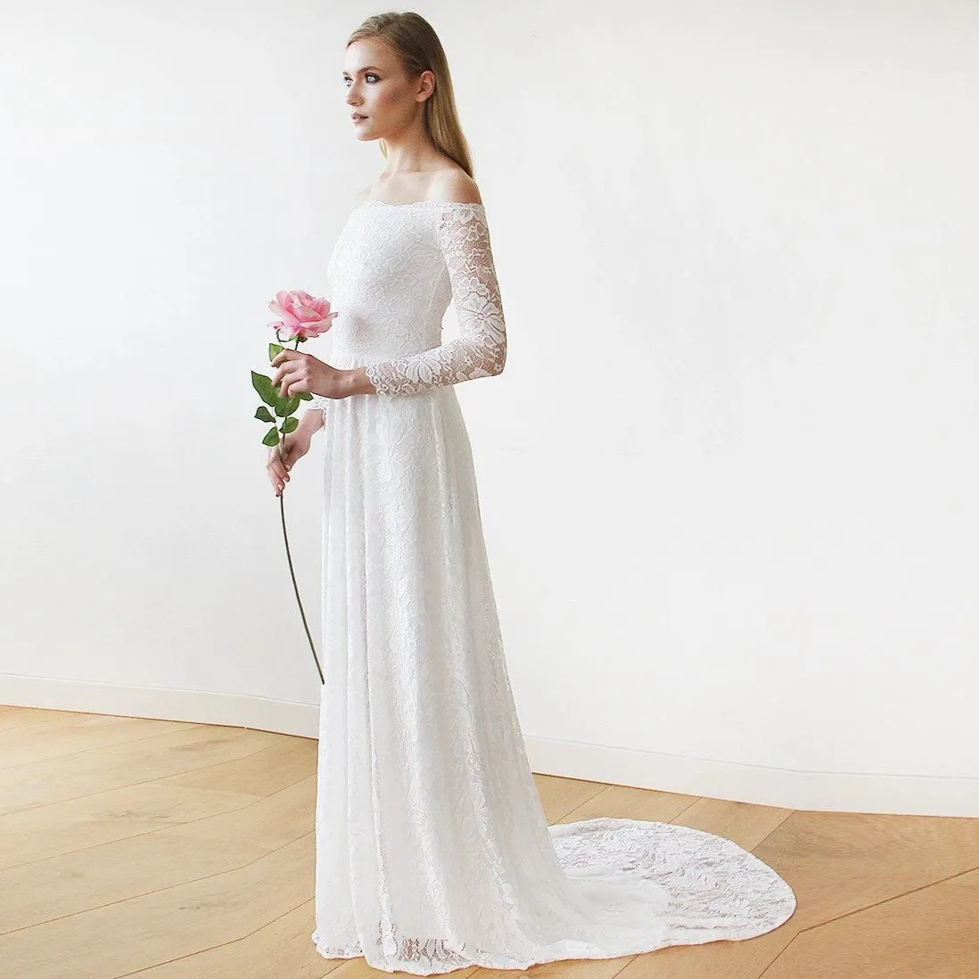 Ivory Off-The-Shoulder  Train Dress  #1148
