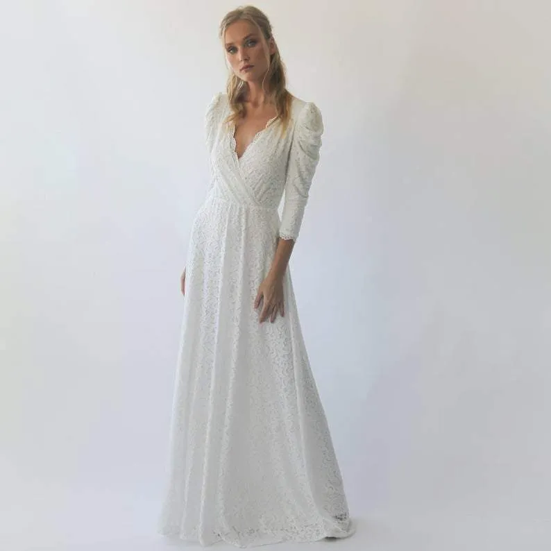 Ivory Puffed sleeves  wedding dress #1283
