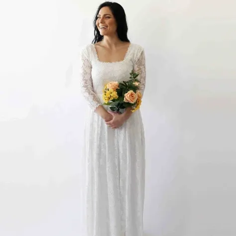 Ivory Square Neckline Vintage Wedding Dress #1271