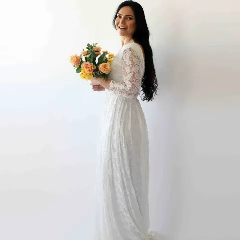 Ivory Square Neckline Vintage Wedding Dress #1271