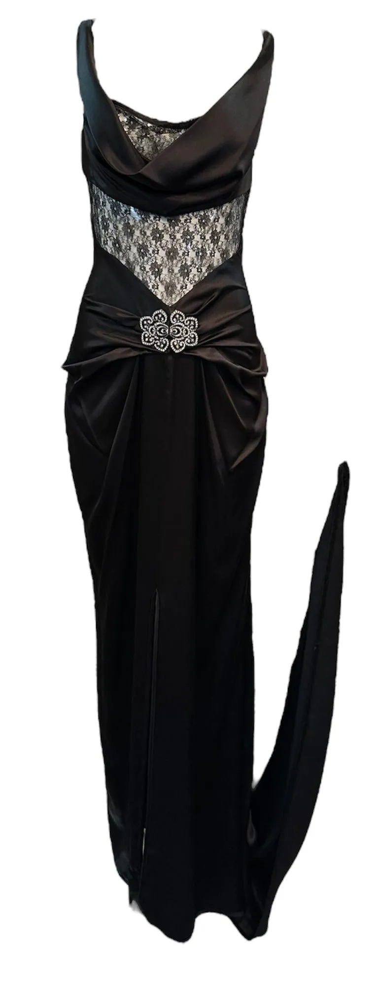 Jikli Contemporary Black Satin 30s Style Bias Cut Gown with Sheer Mid-Riff and Train