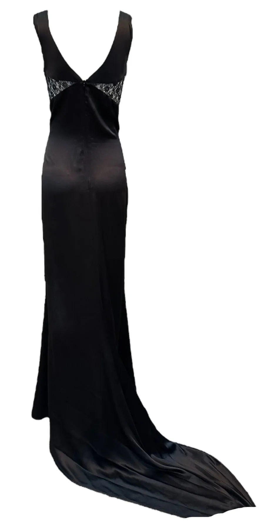 Jikli Contemporary Black Satin 30s Style Bias Cut Gown with Sheer Mid-Riff and Train