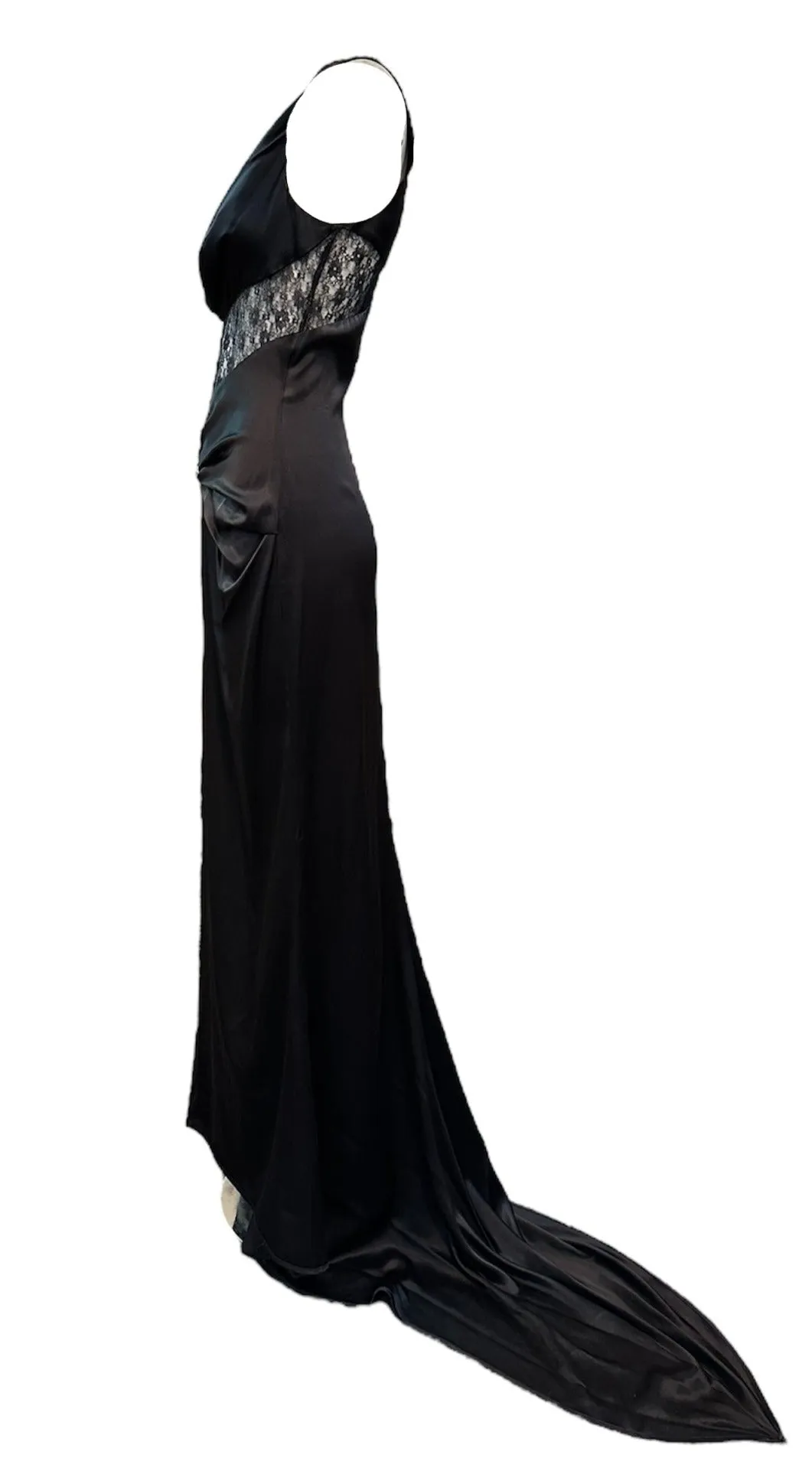 Jikli Contemporary Black Satin 30s Style Bias Cut Gown with Sheer Mid-Riff and Train