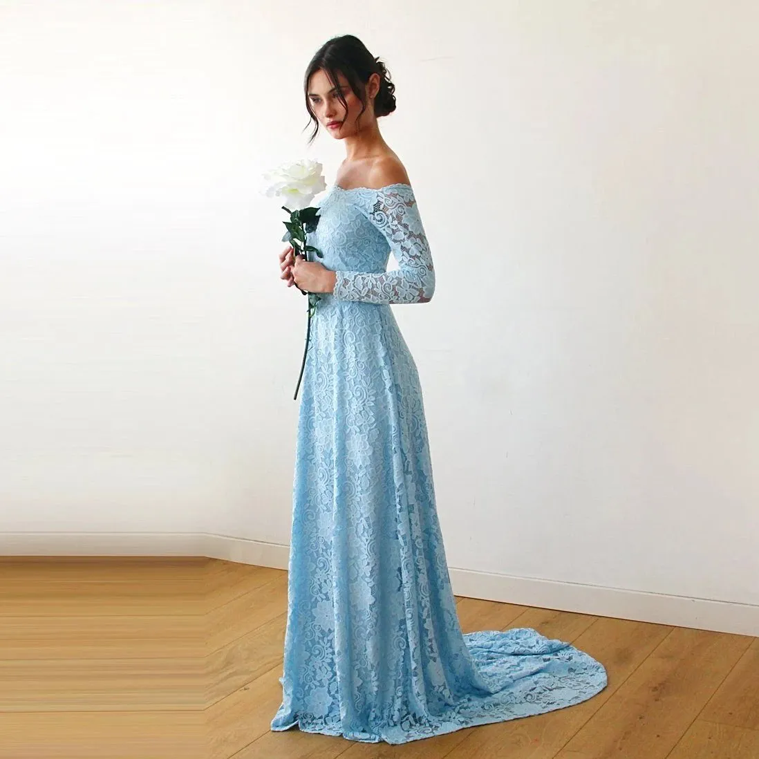 Light Blue Off-The-Shoulder Dress with Train  #1148
