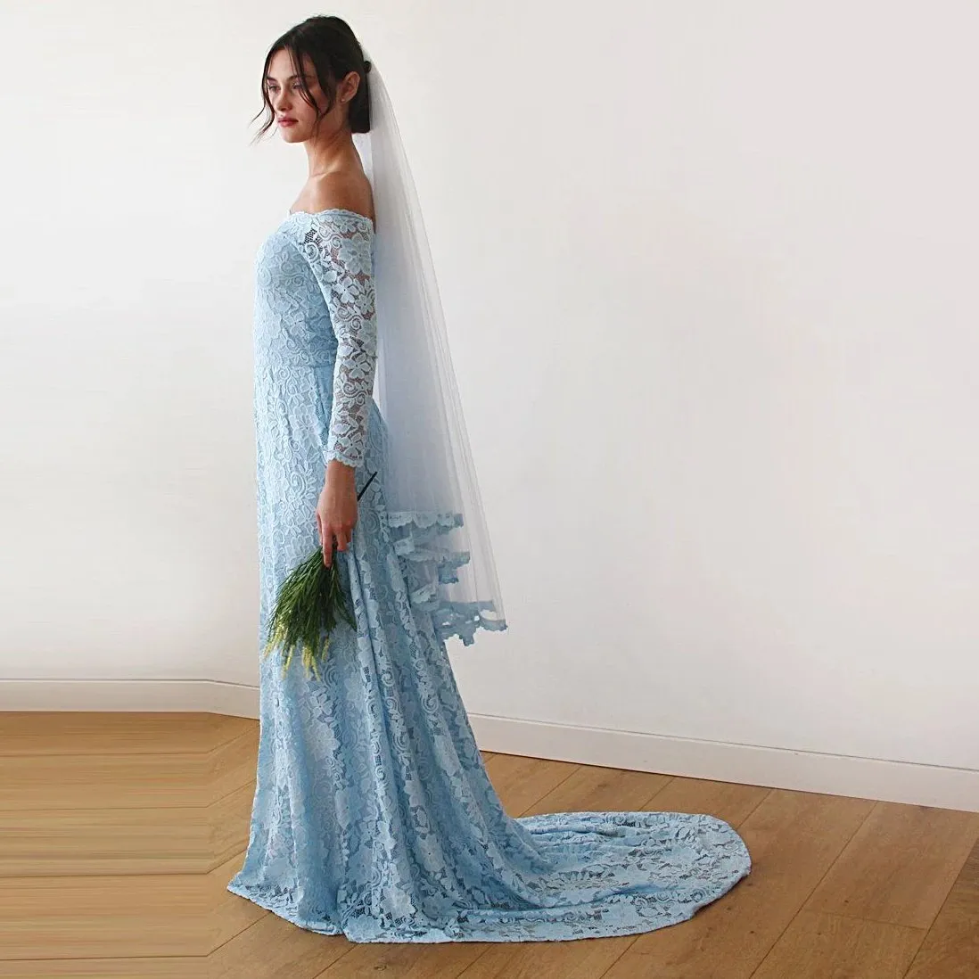 Light Blue Off-The-Shoulder Dress with Train  #1148
