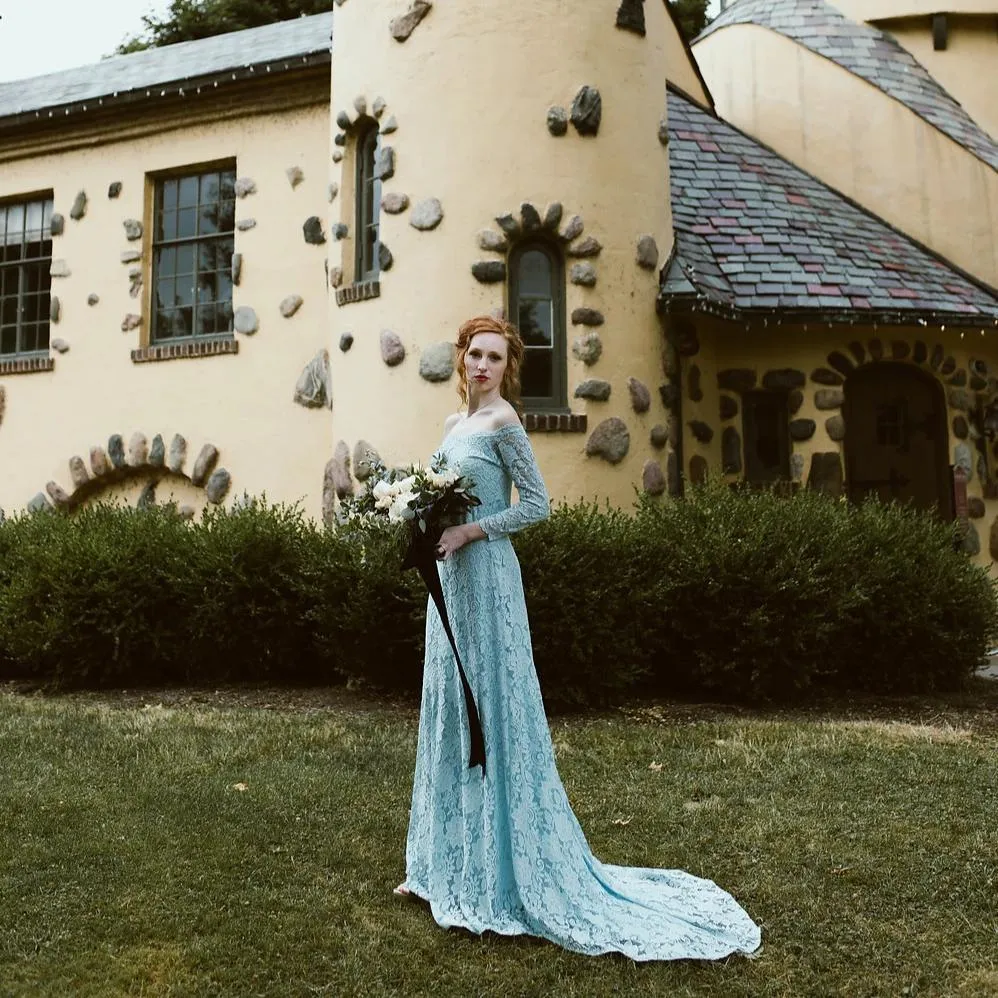 Light Blue Off-The-Shoulder Dress with Train  #1148