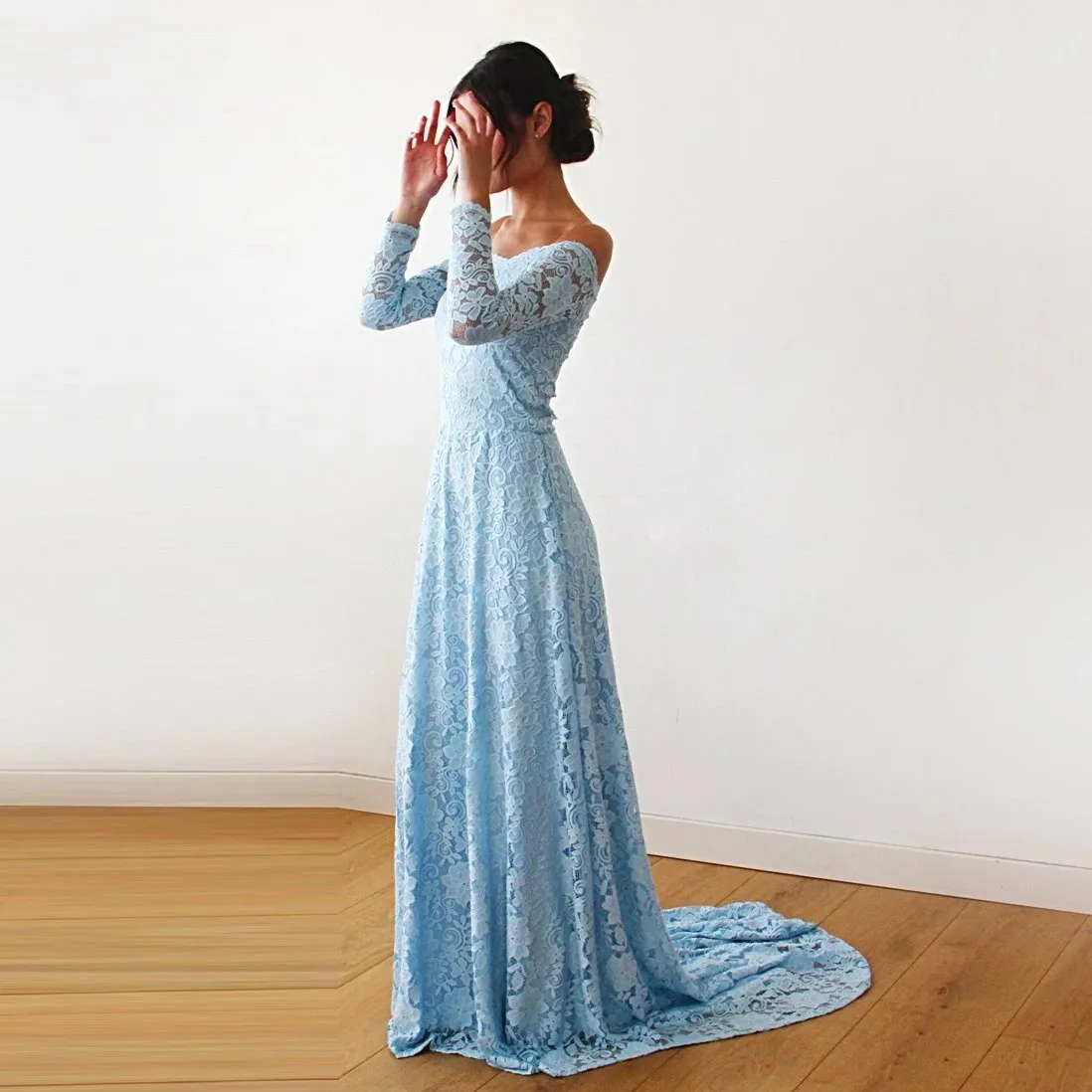 Light Blue Off-The-Shoulder Dress with Train  #1148