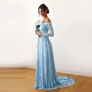 Light Blue Off-The-Shoulder Dress with Train  #1148
