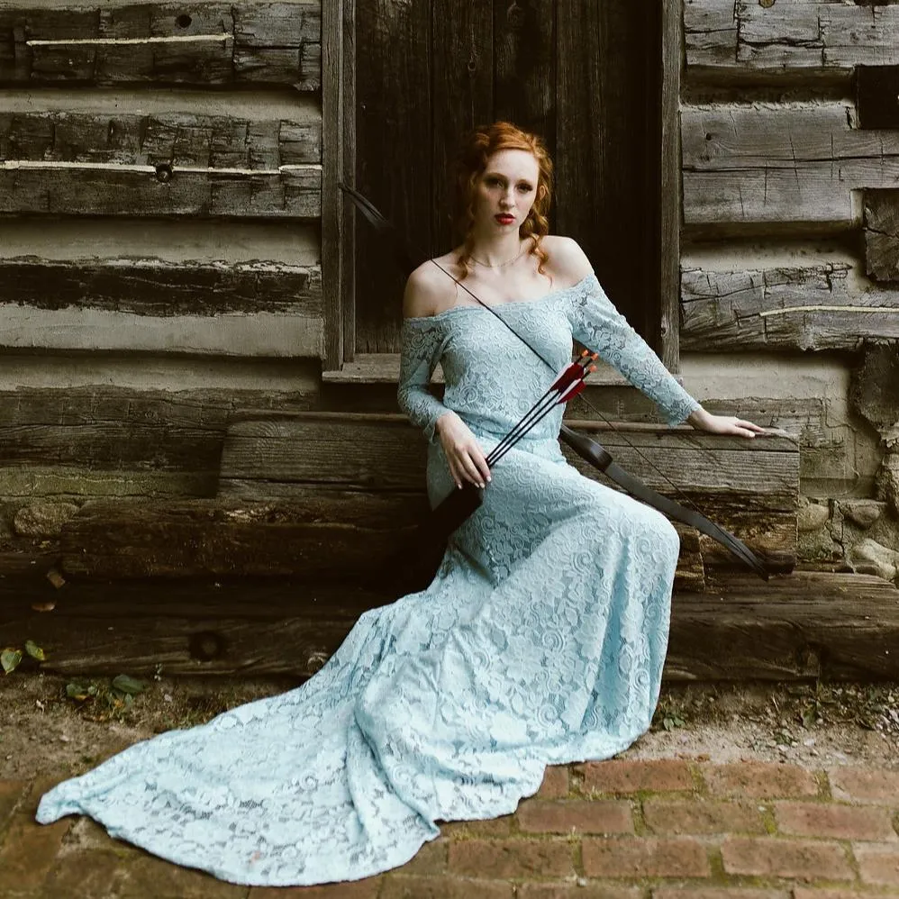 Light Blue Off-The-Shoulder Dress with Train  #1148