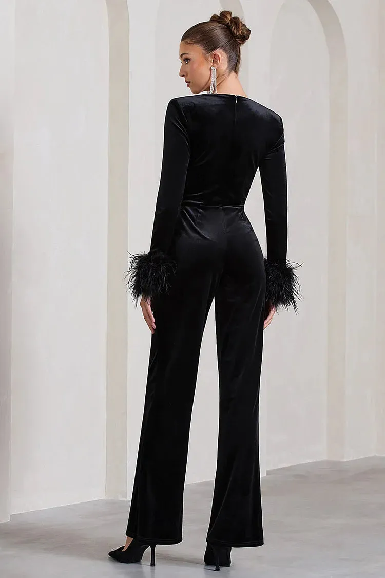 Long Sleeve Feather Cuff Cinch Waist Straight Leg Velvet Jumpsuit-Black