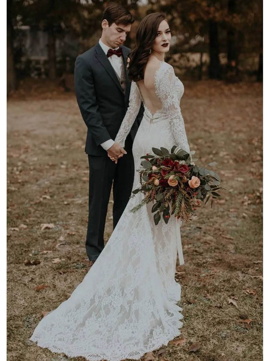 Long Sleeve Vintage Wedding Dresses Backless Rustic Lace Wedding Dresses, QB0323