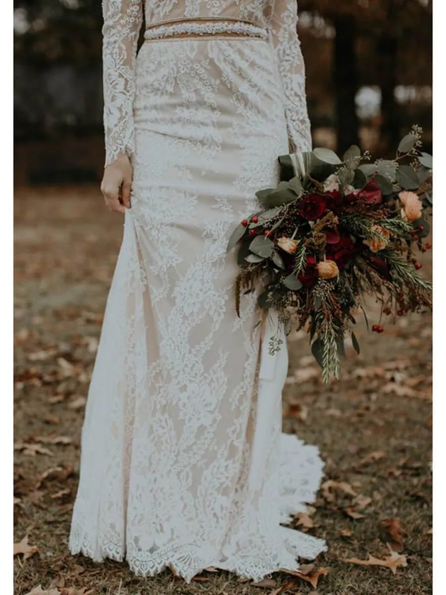 Long Sleeve Vintage Wedding Dresses Backless Rustic Lace Wedding Dresses, QB0323