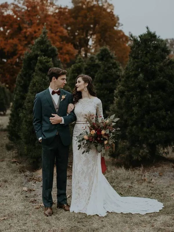 Long Sleeve Vintage Wedding Dresses Backless Rustic Lace Wedding Dresses, QB0323
