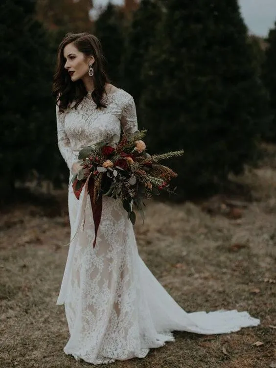 Long Sleeve Vintage Wedding Dresses Backless Rustic Lace Wedding Dresses, QB0323