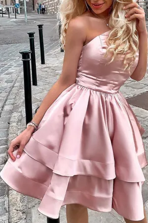 MACloth Strapless Tiered Mini Prom Homecoming Dress Pearl Pink Cocktail Party Dress