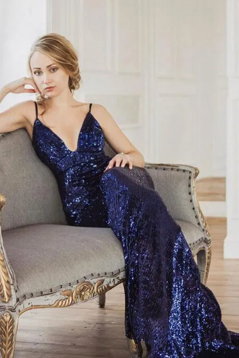 Mermaid Champagne Sequined Party Dress with Open Back