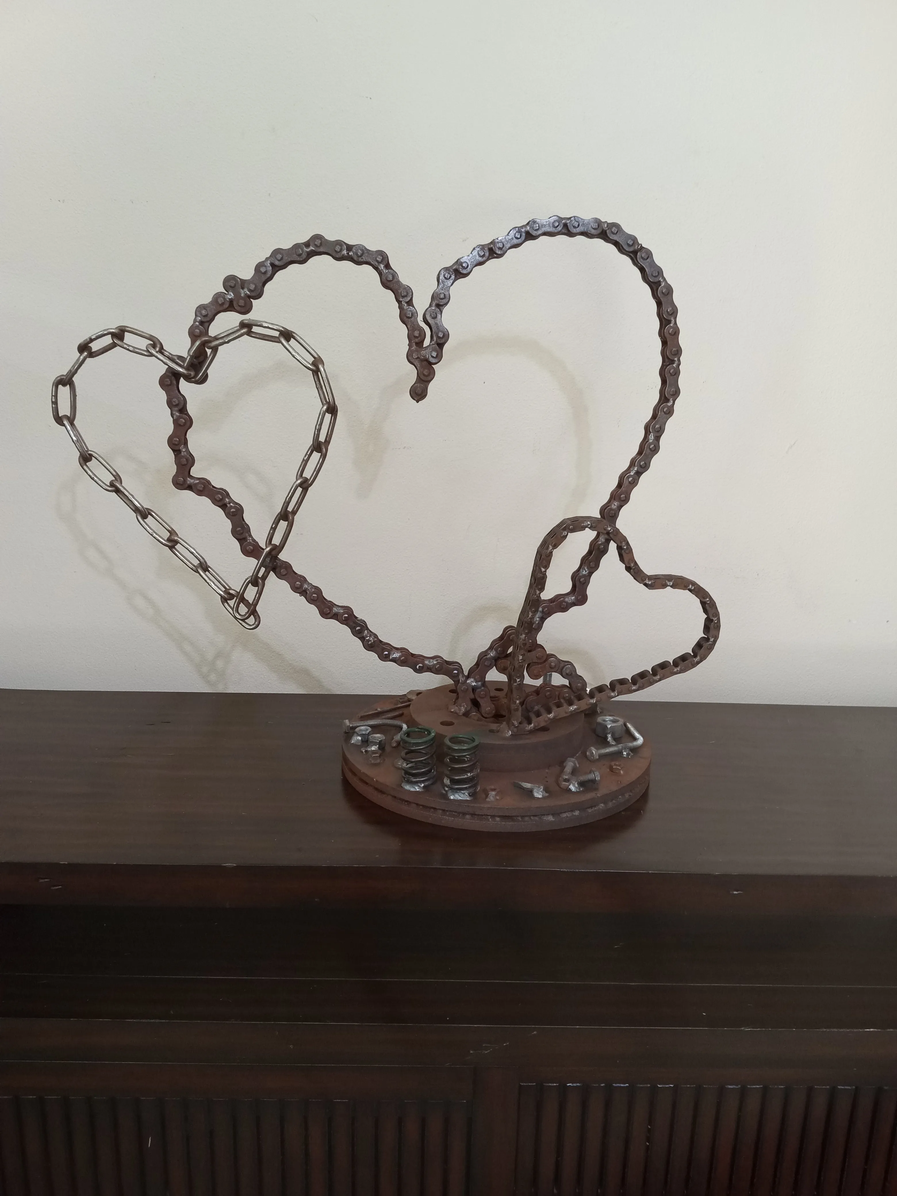 Metal Heart Sculpture of Motorcycle Chains, Rustic Up cycled Welded Metal Art