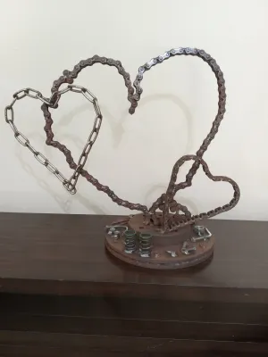 Metal Heart Sculpture of Motorcycle Chains, Rustic Up cycled Welded Metal Art
