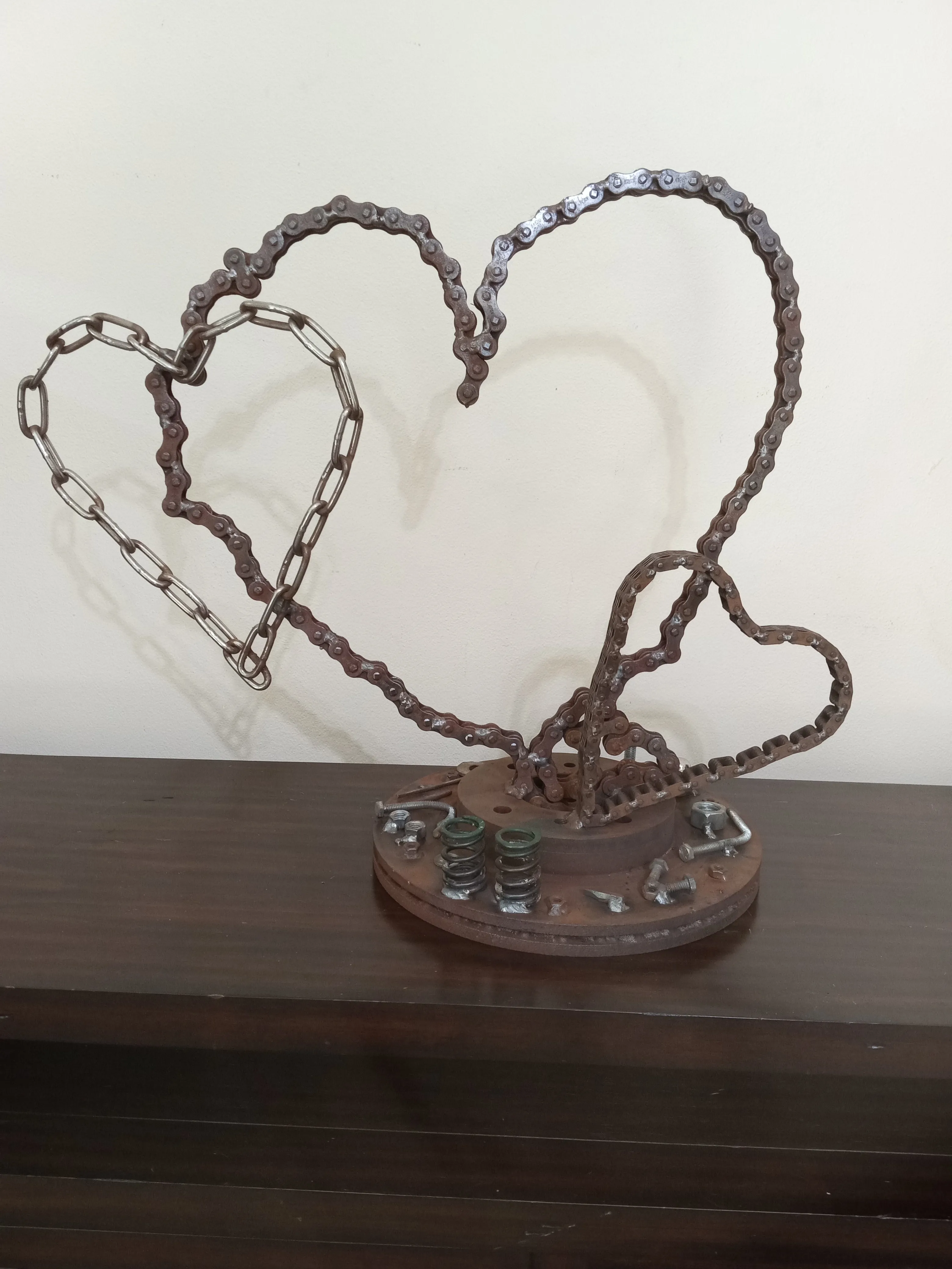 Metal Heart Sculpture of Motorcycle Chains, Rustic Up cycled Welded Metal Art