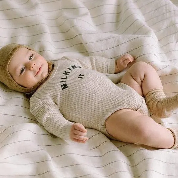 Milking It Cotton Rib Long Sleeve Baby Bodysuit (Oatmeal)