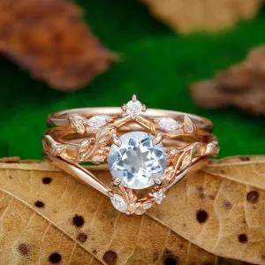 Minimalist Round Shaped Aquamarine  twig and leaf Ring Set