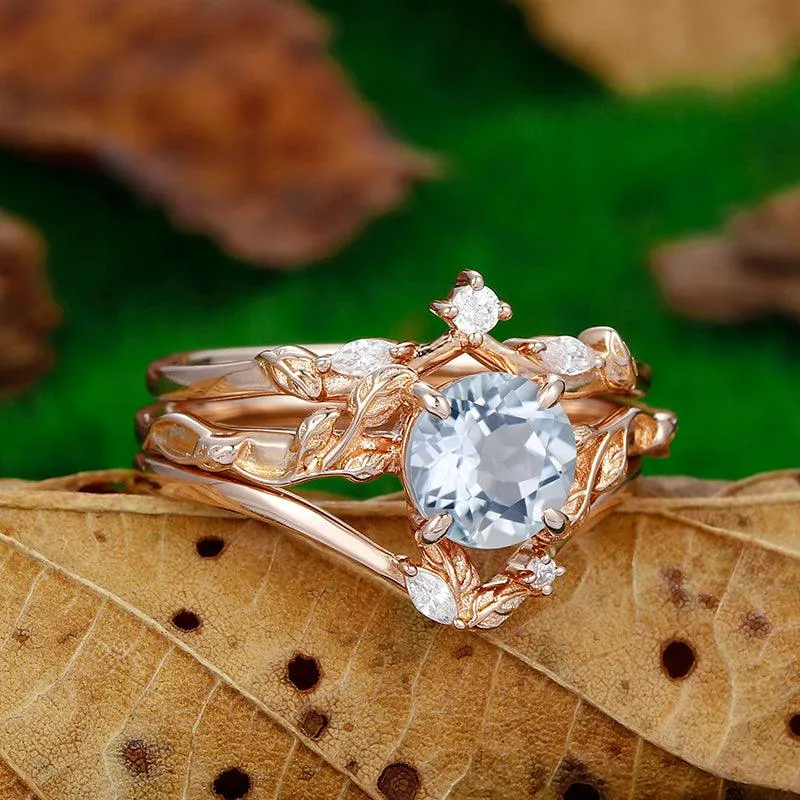 Minimalist Round Shaped Aquamarine  twig and leaf Ring Set