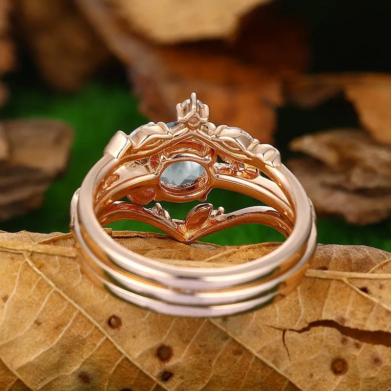 Minimalist Round Shaped Aquamarine  twig and leaf Ring Set