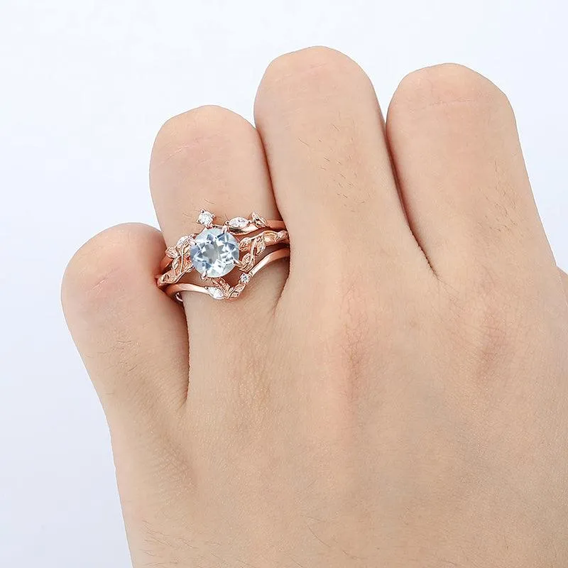 Minimalist Round Shaped Aquamarine  twig and leaf Ring Set