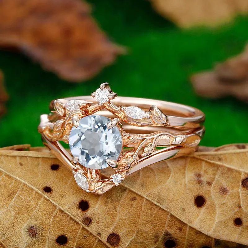 Minimalist Round Shaped Aquamarine  twig and leaf Ring Set