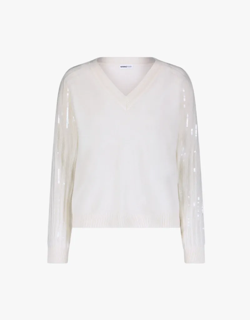Minnie Rose Cashmere V-Neck with Sequined Sleeves in White