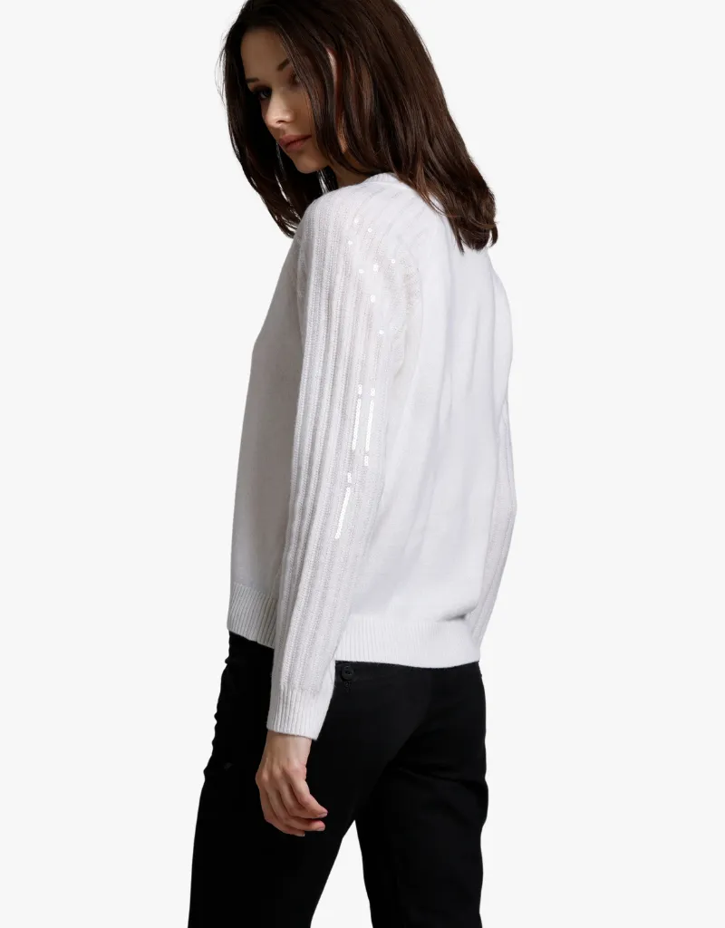 Minnie Rose Cashmere V-Neck with Sequined Sleeves in White