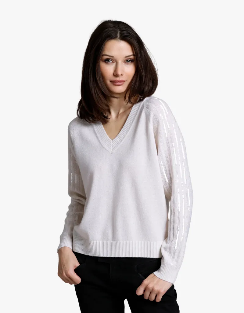 Minnie Rose Cashmere V-Neck with Sequined Sleeves in White