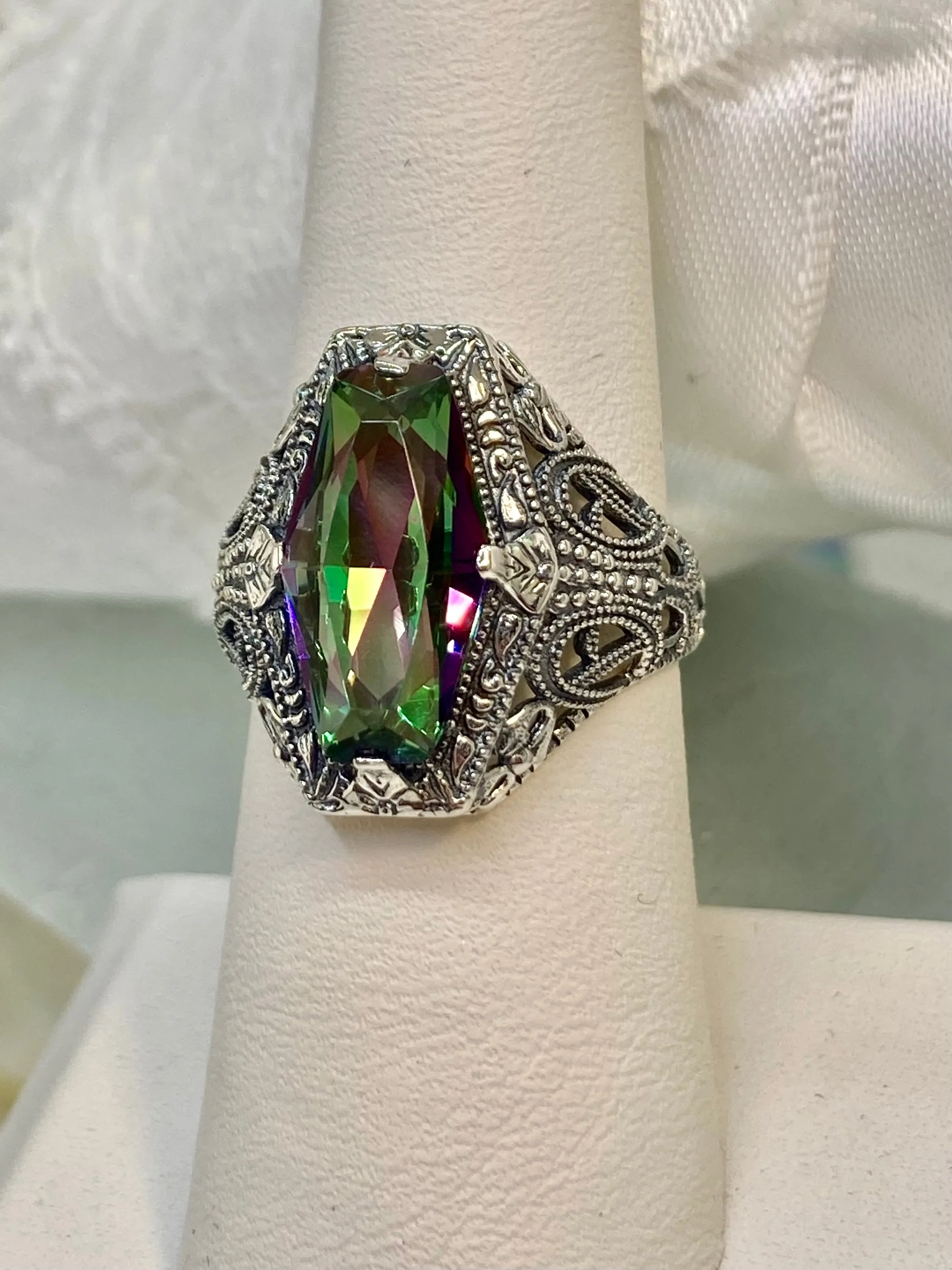 Mystic Topaz Ring, Hexagon Gem with Art Deco Filigree, Edwardian Jewelry #D237