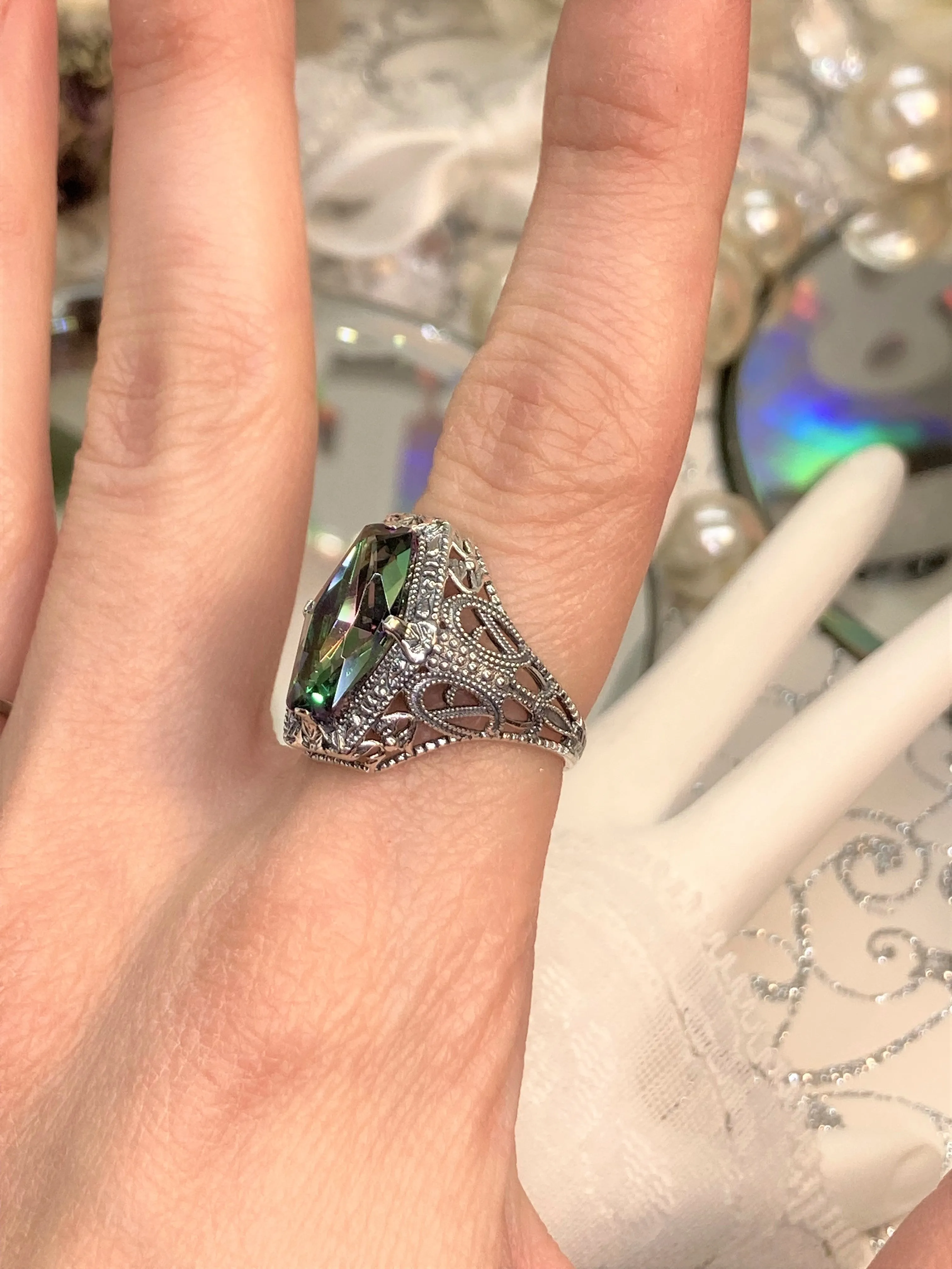 Mystic Topaz Ring, Hexagon Gem with Art Deco Filigree, Edwardian Jewelry #D237