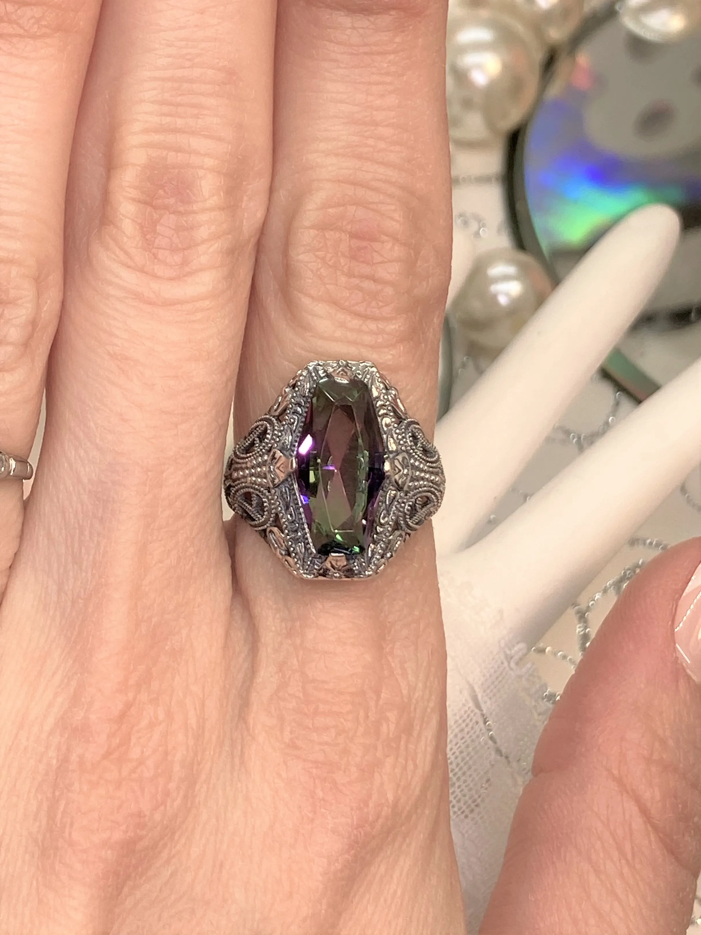 Mystic Topaz Ring, Hexagon Gem with Art Deco Filigree, Edwardian Jewelry #D237